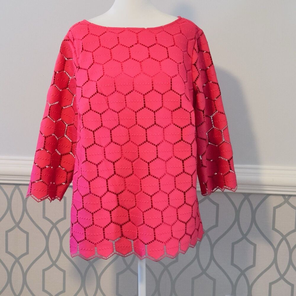 RSVP By Talbot Pink Blouse Eyelet Lace Honeycomb Pentagon 1X Pullover Party Even
